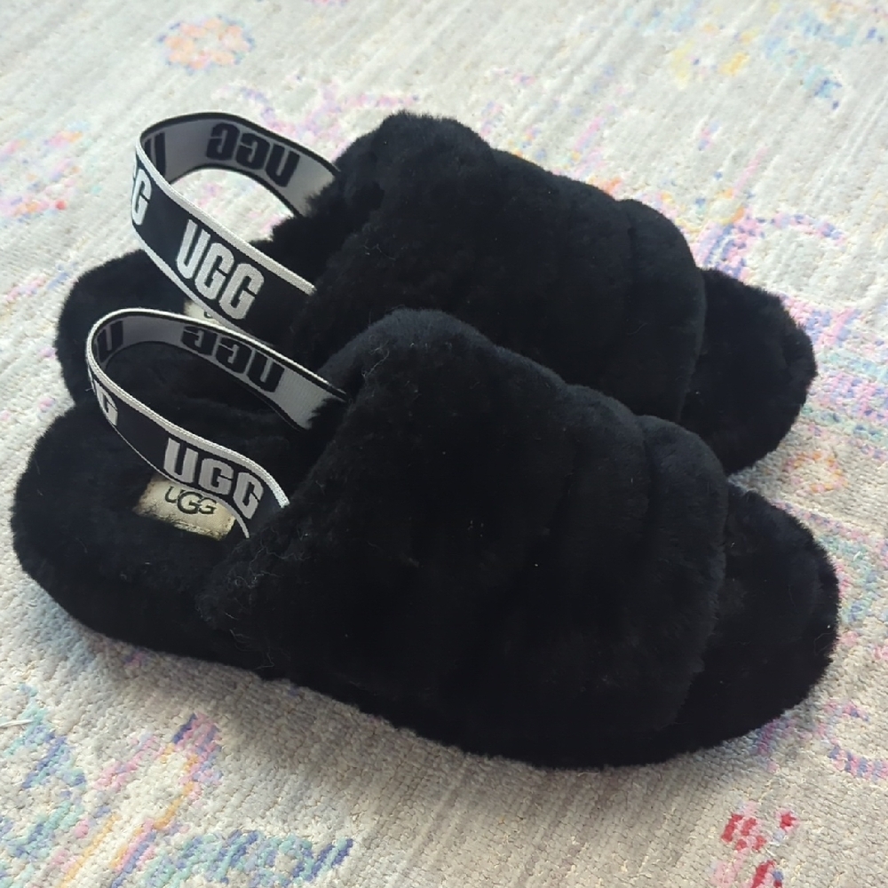 UGG Black Fluffy Slides with Branded Straps